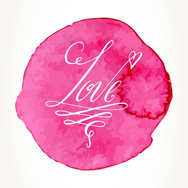 Liebe Handgeschriebenes Valentinstagswort Vektor Romantischer Urlaubsschriftzug Über Rosa Aquarellkreis — Stockvektor