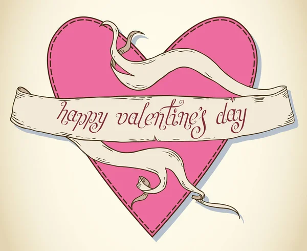 Ręcznie Pisany Walentynki Życzenia Rama Transparent Wstążka Nad Różowy Serce — Wektor stockowy