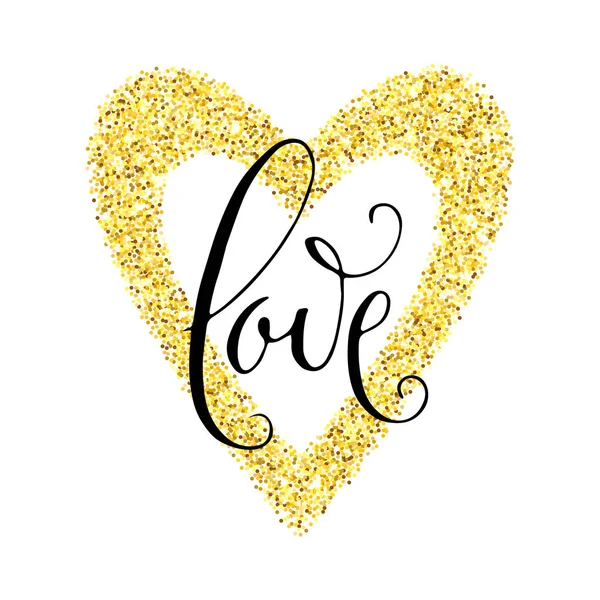 大好きです ゴールドのキラキラ輝きハート フレームでバレンタインデーのグリーティング カードを書かれた手 白で分離されたベクトル ロマンチックな休日レタリング — ストックベクタ