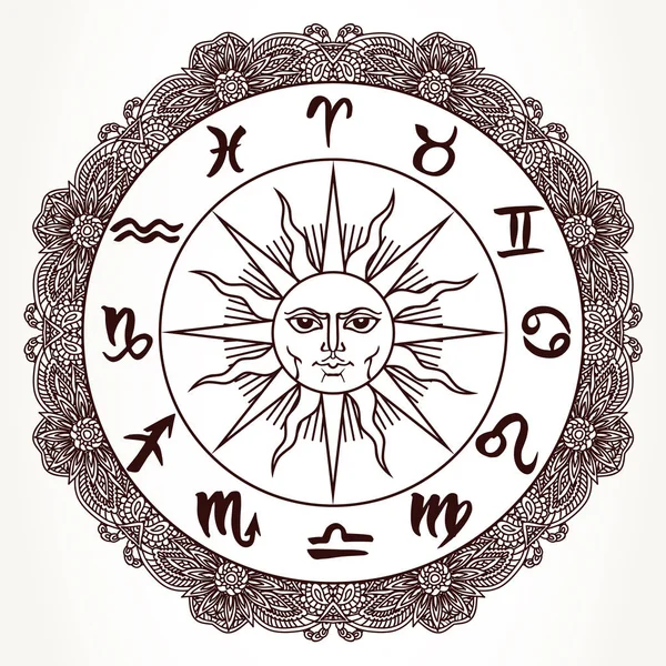 Signos Zodiacales Dibujados Mano Alrededor Cara Solar Gráficos Vectoriales Astrología — Archivo Imágenes Vectoriales