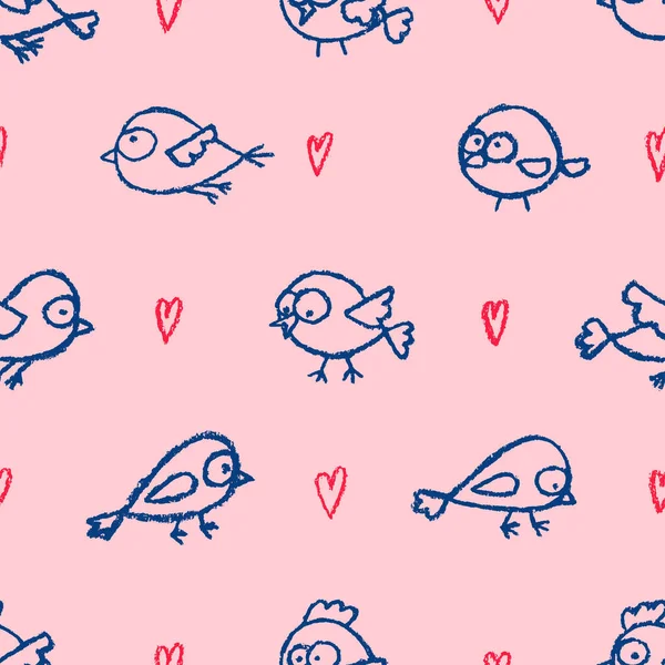 Cute Little Hand Drawn Birds Hearts Pink Seamless Pattern Cartoon — Stock Vector