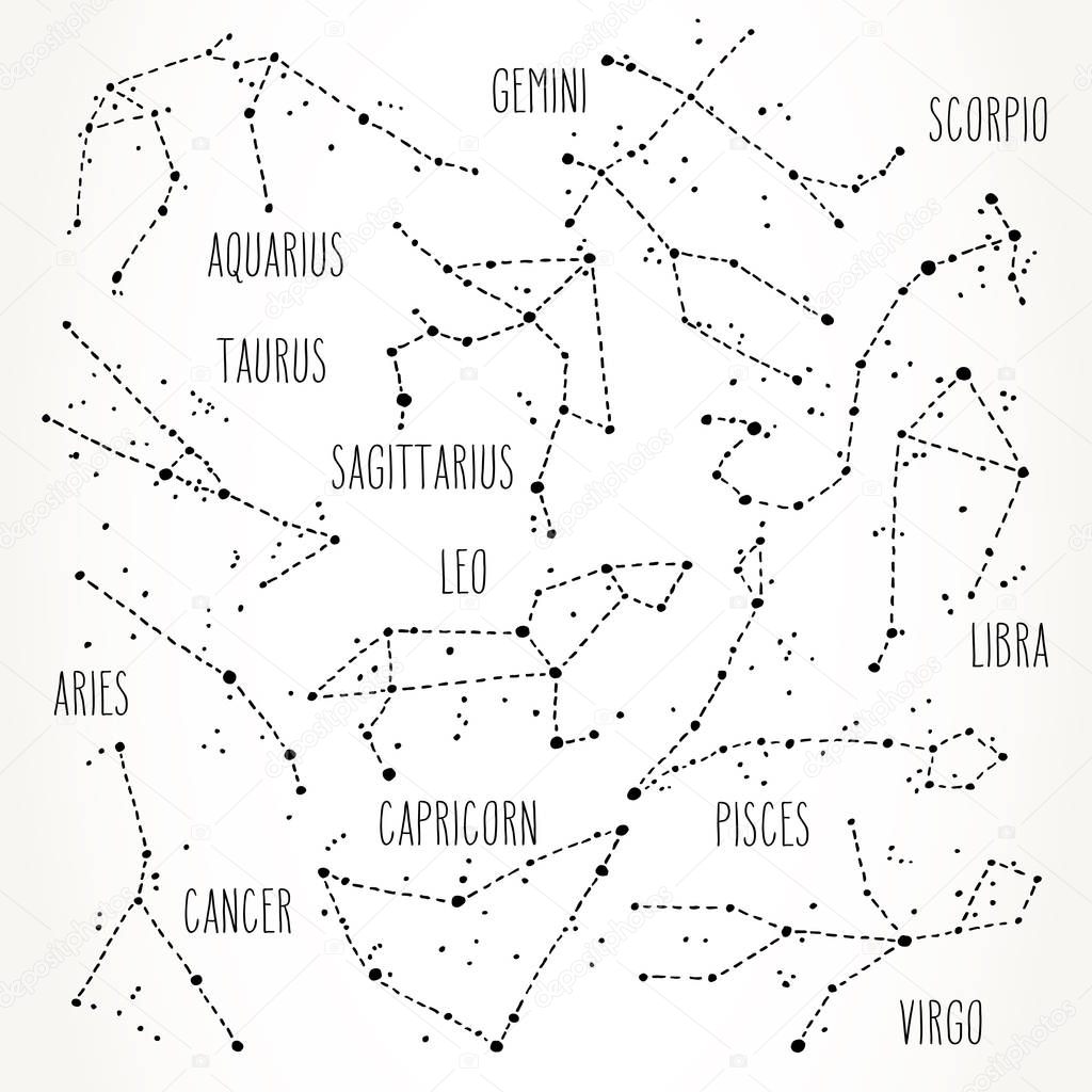 Hand drawn Zodiac signs constellations set. Vector graphics astrology illustration. Western horoscope mystic symbols collection in black isolated over white.
