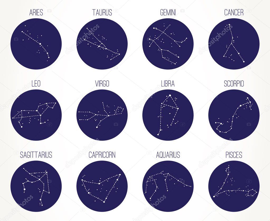 Hand drawn Zodiac signs constellations set. Vector graphics astrology illustration. Western horoscope mystic symbols collection, dark blue circles over white.