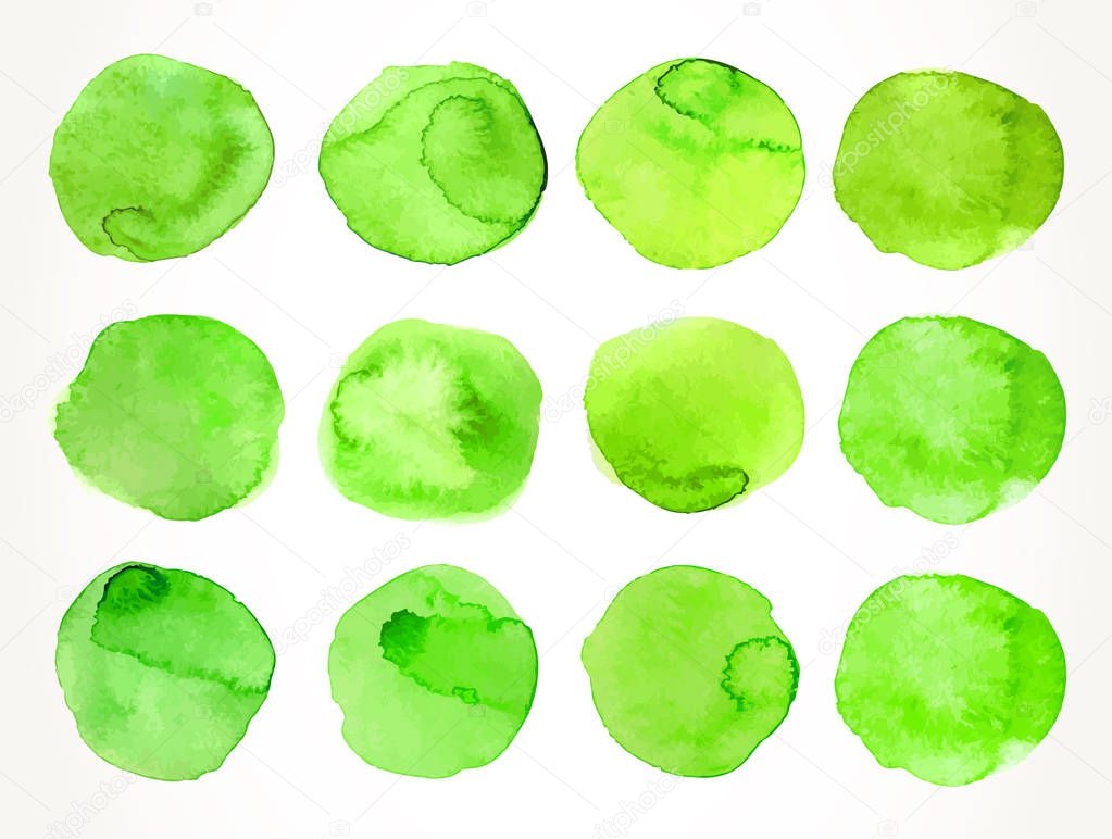 Hand drawn green watercolor circles set, isolated over white. Watercolour paint background design elements collection. Vector illustration.