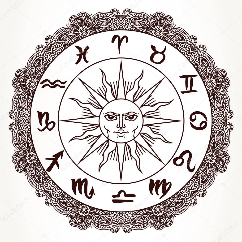 Hand drawn zodiac signs around sun face. Vector graphics astrology celestial illustration in brown isolated over white.