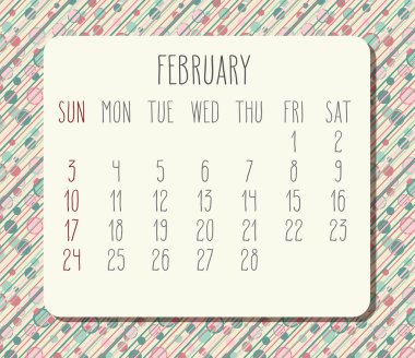 Şubat yıl 2019 aylık takvim vektör. Hafta Pazar başlayarak. Funky noktalar ve çizgiler arka plan.