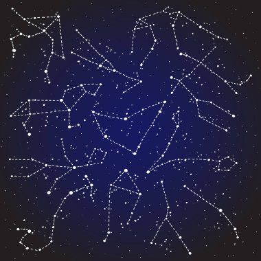 Elle çizilmiş zodyak üzerinde koyu mavi yıldızlı gece gökyüzü ayarla takımyıldızları imzalar. Vektör grafik Astroloji çizim. Batı Astroloji mistik semboller koleksiyonu.