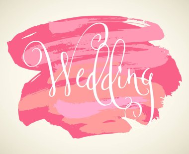 Düğün kelime. El yazılı vektör tasarım öğesi pastel pembe fırça üzerinde beyaz arka plan sıvazlar. Geleneksel hat.