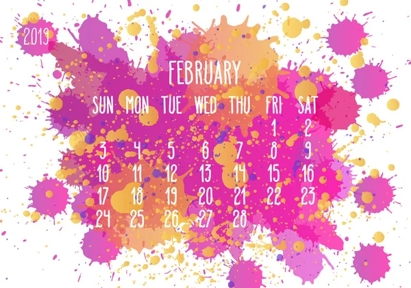 Febrero Año 2019 Vector Calendario Mensual Semana Partir Del Domingo — Archivo Imágenes Vectoriales