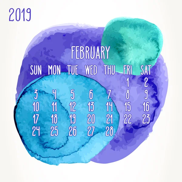 Února Roku 2019 Vektorové Měsíčního Kalendáře Týden Neděle Ručně Tažené — Stockový vektor