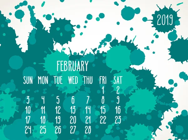 Februar 2019 Vektormonatskalender Woche Sonntag Handgezeichnete Teal Grüne Farbe Spritzt — Stockvektor