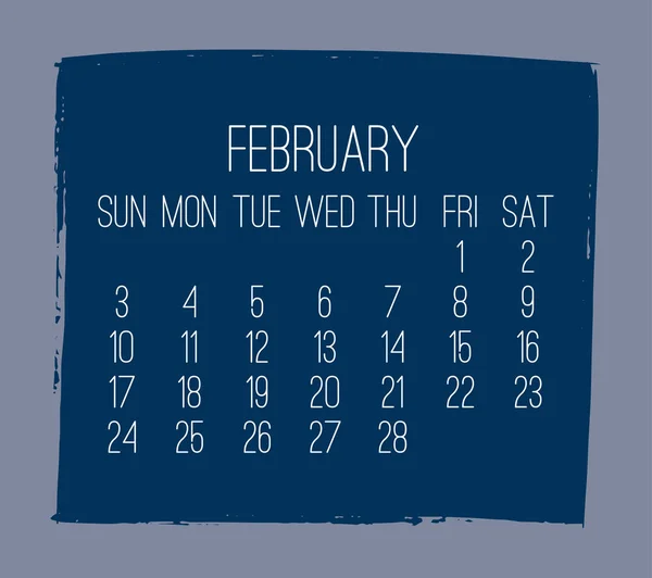 Febbraio 2019 Calendario Mensile Vettoriale Contemporaneo Settimana Partire Domenica Pennello — Vettoriale Stock