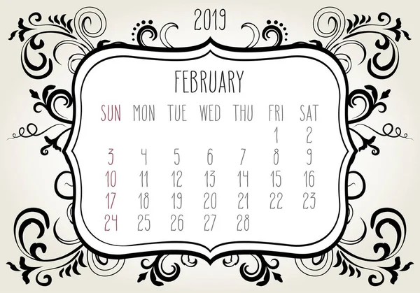 Febrero Año 2019 Simple Vector Contemporáneo Calendario Mensual Semana Partir — Vector de stock