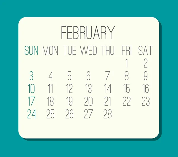 Febbraio Anno 2019 Pianura Contemporanea Vettore Calendario Mensile Settimana Partire — Vettoriale Stock
