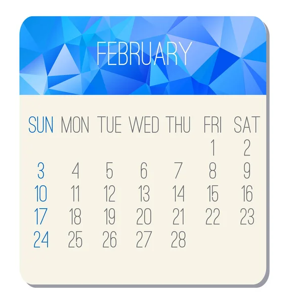 Şubat Yıl 2019 Aylık Takvim Vektör Hafta Pazar Başlayarak Mavi — Stok Vektör