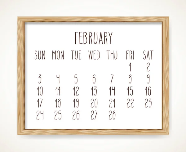 Měsíční Kalendář Únor 2019 Vektor Týden Neděle Ručně Kreslenou Text — Stockový vektor