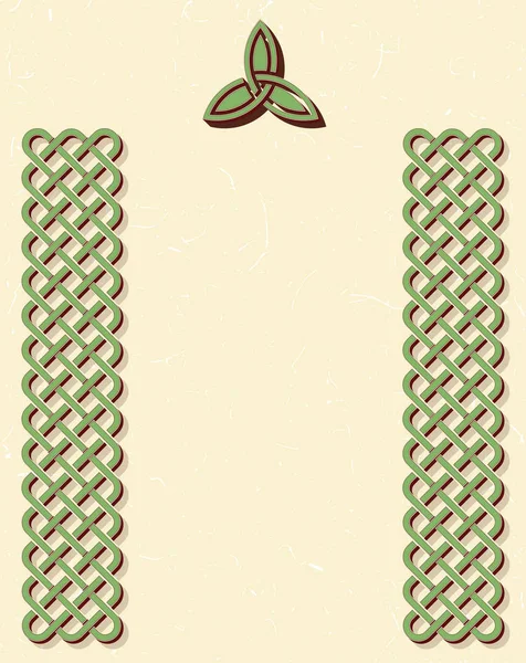 传统的绿色凯尔特风格编织结边框和竹叶在带纹理的老式背景 房间为您的文字 — 图库矢量图片