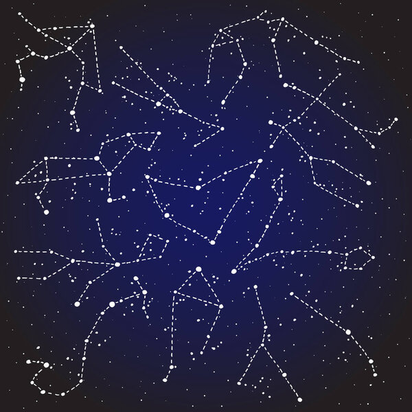 Hand drawn Zodiac signs constellations set over dark blue starry night sky. Vector graphics astrology illustration. Western horoscope mystic symbols collection.