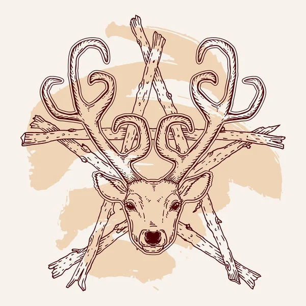 美しい手は ペンタグラム デザインで部族スタイル鹿の頭を描画します 白に茶色のマジックのビンテージ ベクトル イラスト 精神的なアート 自由奔放に生きるスタイル 大自然 — ストックベクタ