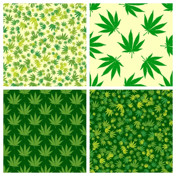 マリファナの葉の緑のシームレス パターンを設定します 手には 麻薬の大麻の背景が描画されます 麻ベクトル イラスト背景 — ストックベクタ