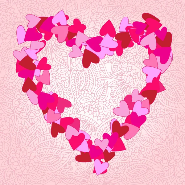 Rozptýlené Srdce Rám Růžové Nad Krajkový Květinový Vzor Den Svatého — Stockový vektor