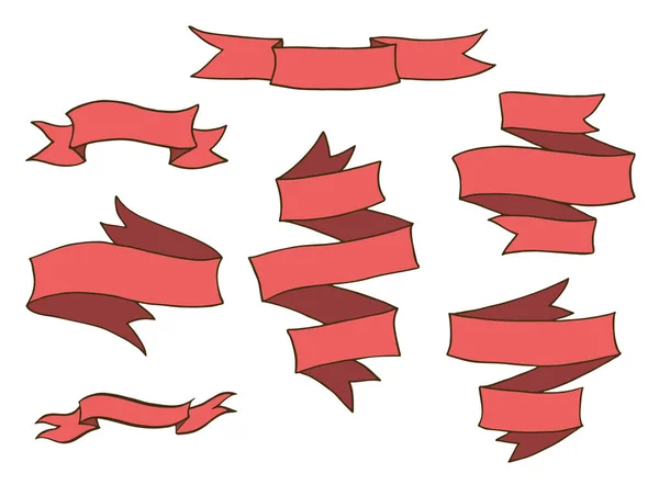 复古手绘红丝带横幅矢量收集 在白色背景上隔离的折叠丝带集 — 图库矢量图片