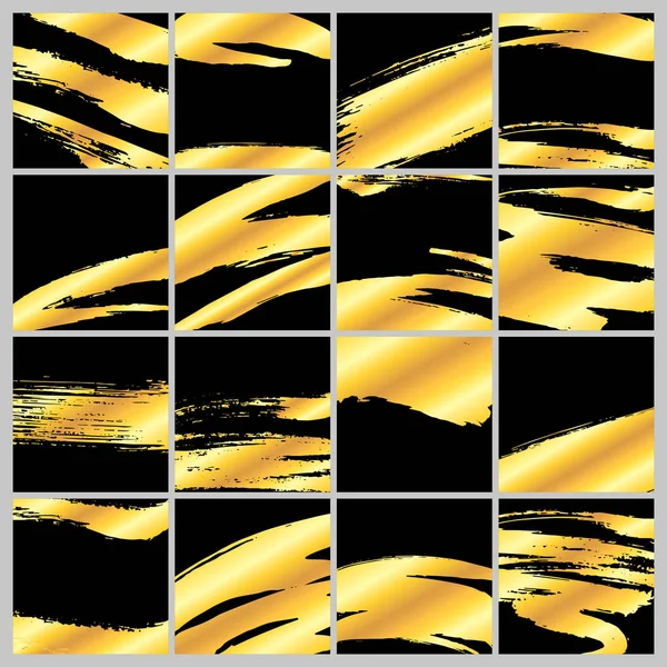 Golden Artistic Grunge Brush Paint Strokes Backgrounds Set Metal Shiny — Stock Vector