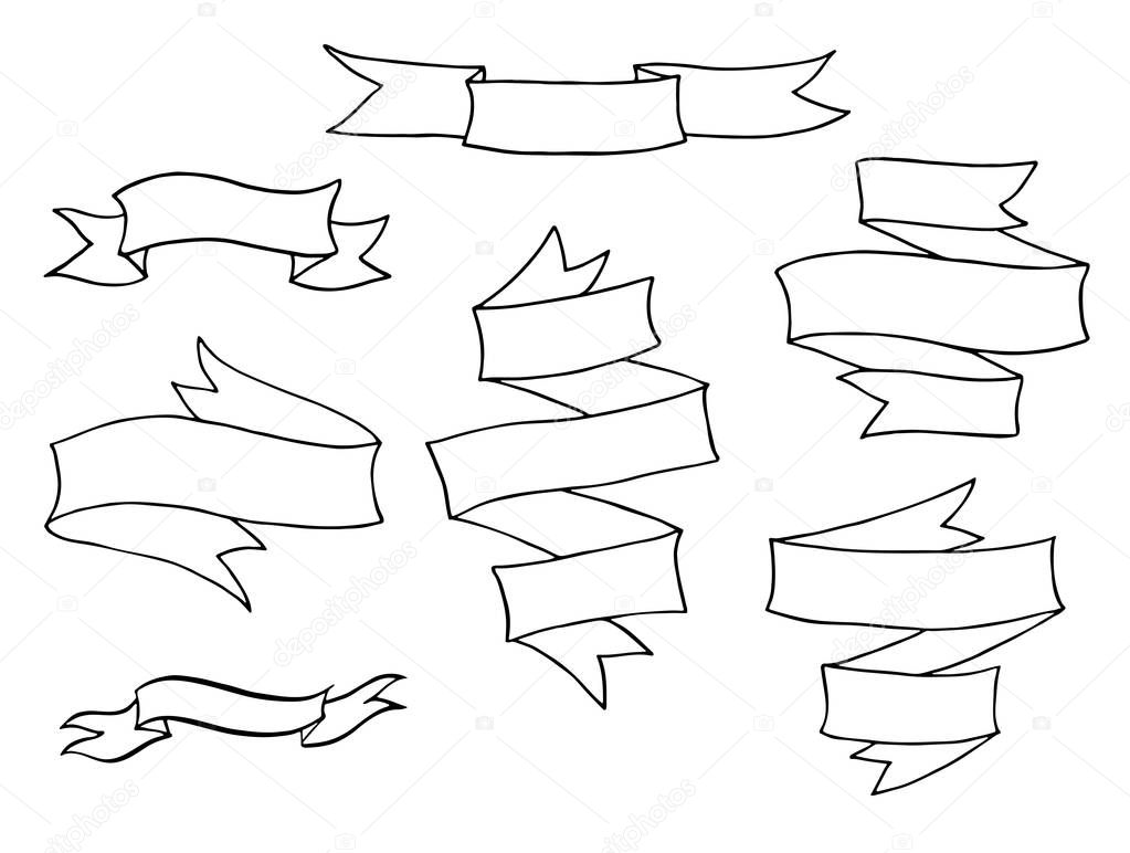 Vintage hand drawn ribbon banners vector collection. Set of folded black outline ribbons isolated over white background.