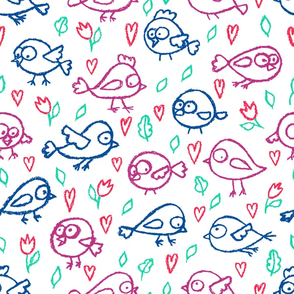 かわいい手描かれた鳥や心のシームレス パターンです 漫画のベクトルの背景 — ストックベクタ