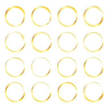 Beyaz arka plan üzerinde izole çeşitli altın yuvarlak grunge fırça darbeleri topluluğu. Tasarım öğeleri kümesi. Vektör çizim.