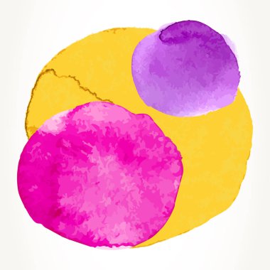 Elle çizilmiş renkli suluboya daireler, parlak pembe, sarı ve beyaz bitti izole mor. Suluboya boya arka plan tasarım öğesi. Vektör çizim.