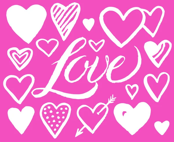 Handgezeichnete Herzen Und Liebeswort Weiß Über Rosa Valentinstag Symbole Gesetzt — Stockvektor
