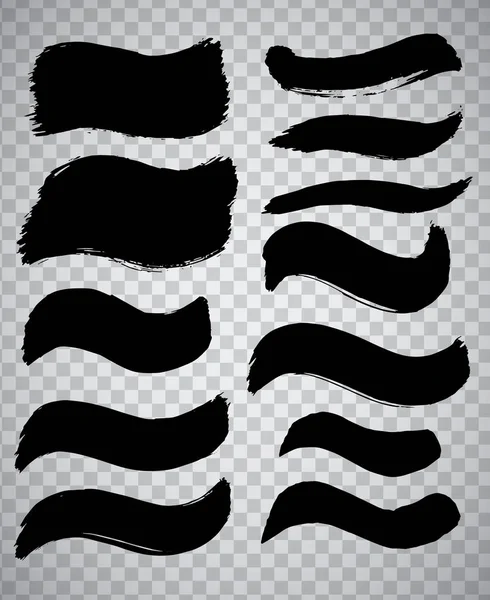 Collection Divers Coups Pinceau Grunge Noir Sur Fond Transparent Ensemble — Image vectorielle
