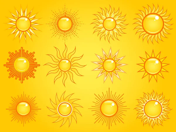 黄色の空に夏明るく輝く太陽のシンボルのセットです アイコン ベクトル コレクション — ストックベクタ