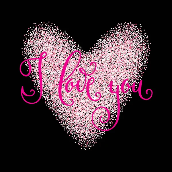 愛しています ピンクのキラキラ ハートのフレームでバレンタインデーの挨拶を書かれた手 黒の上分離ベクトル ロマンチックな休日レタリング — ストックベクタ