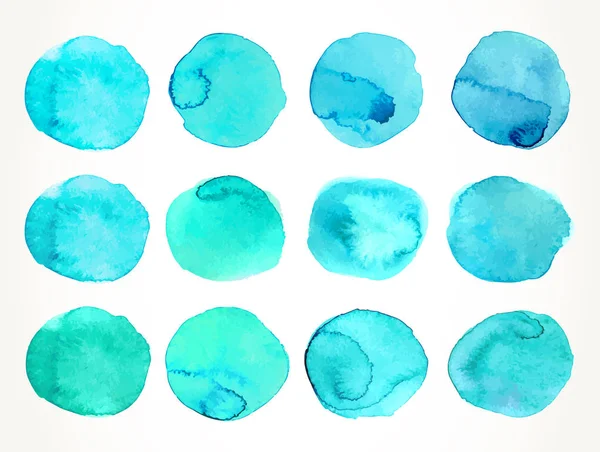 Türkisblaue Handgezeichnete Aquarellkreise Gesetzt Isoliert Über Weiß Aquarell Farbe Hintergrund — Stockvektor
