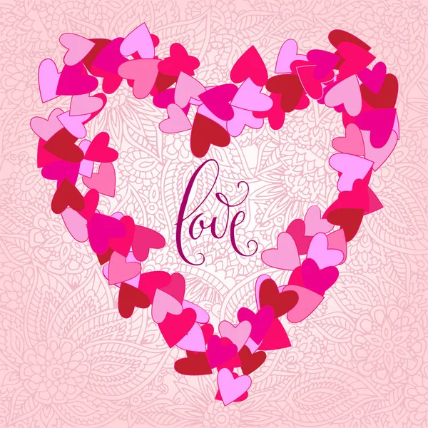 Love Hand Written Valentine Day Word Pink Hearts Frame Vector — Stock Vector