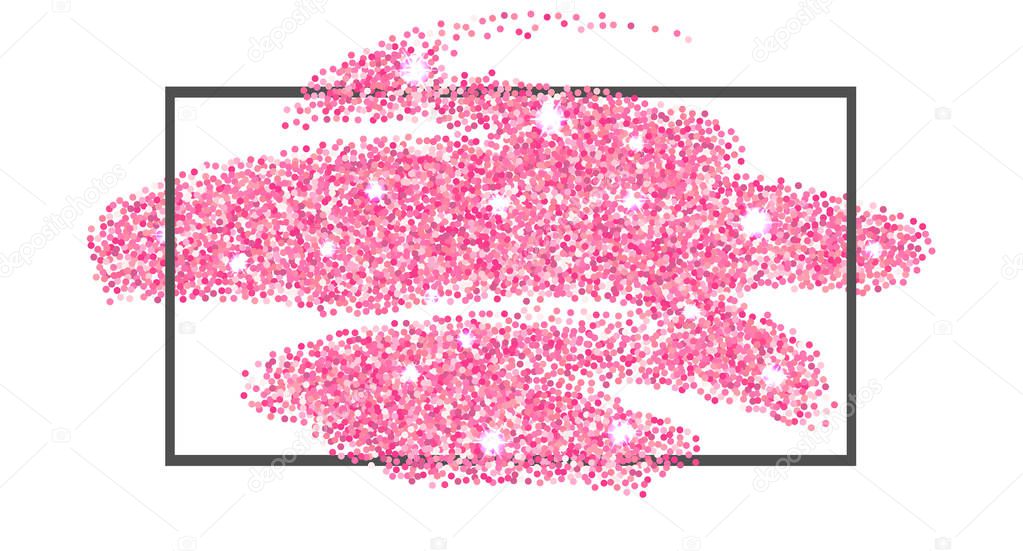 Pink glitter texture border isolated over white background. Abstract scattered golden sparkles of confetti. Bright celebration vector illustration.