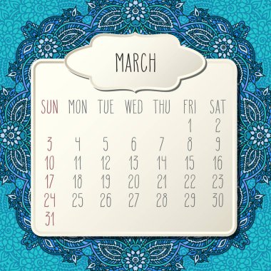 Mart yıl 2019 vektör aylık takvim üzerinde mavi doodle süslü elle çizilmiş çiçek arka plan, Pazar başlayan hafta. Bej eğimli çerçeve tasarım.