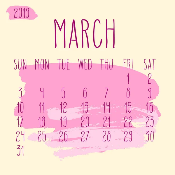 Векторный Месячный Календарь Марта 2019 Года Воскресенья Начинается Неделя Ручной — стоковый вектор