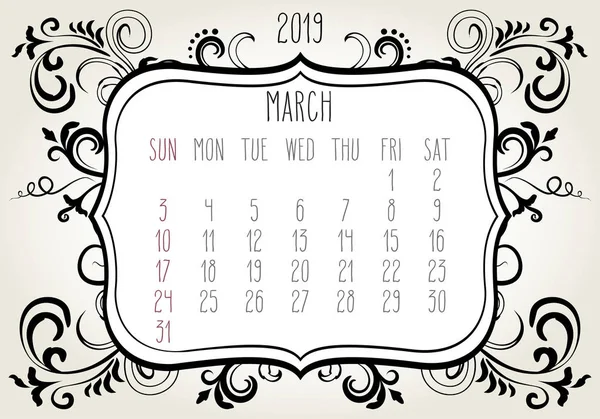 Março Ano 2019 Planície Vetor Contemporâneo Calendário Mensal Semana Partir — Vetor de Stock