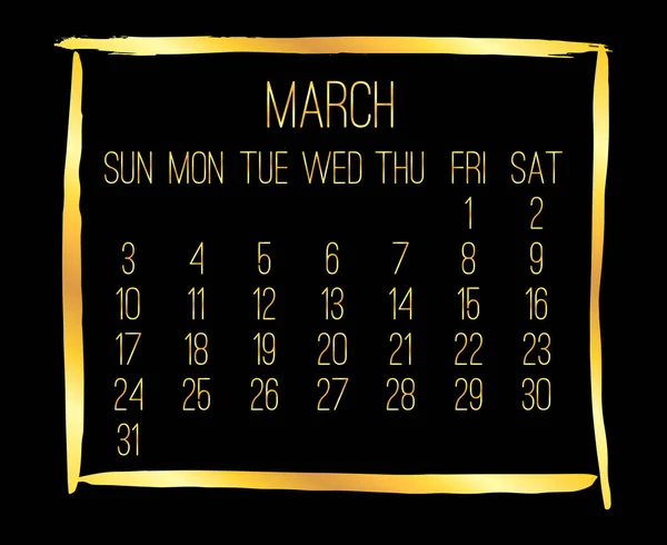 Mars 2019 Vektor Moderna Månadskalender Veckan Från Söndag Samtida Golden — Stock vektor