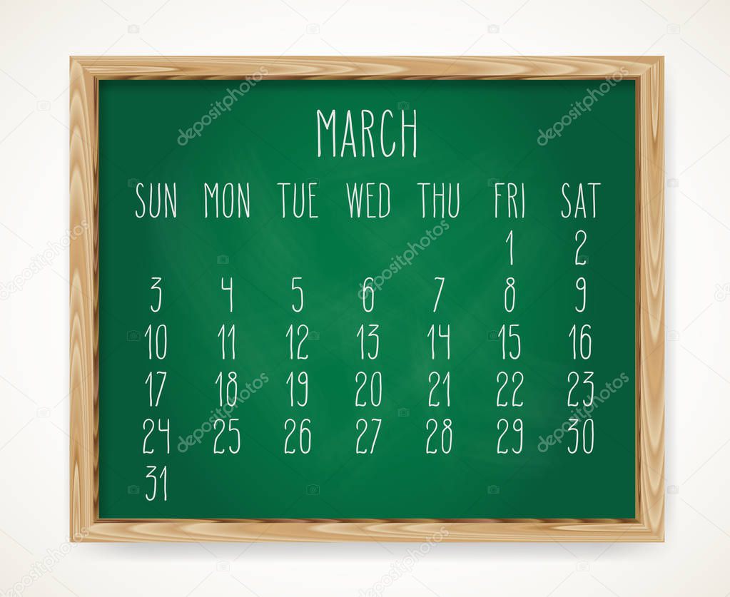 Hand written chalk vector calendar for March 2019 over green chalkboard background in a wooden frame.