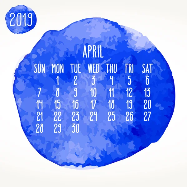 Abril año 2019 acuarela azul pintura calendario mensual — Vector de stock