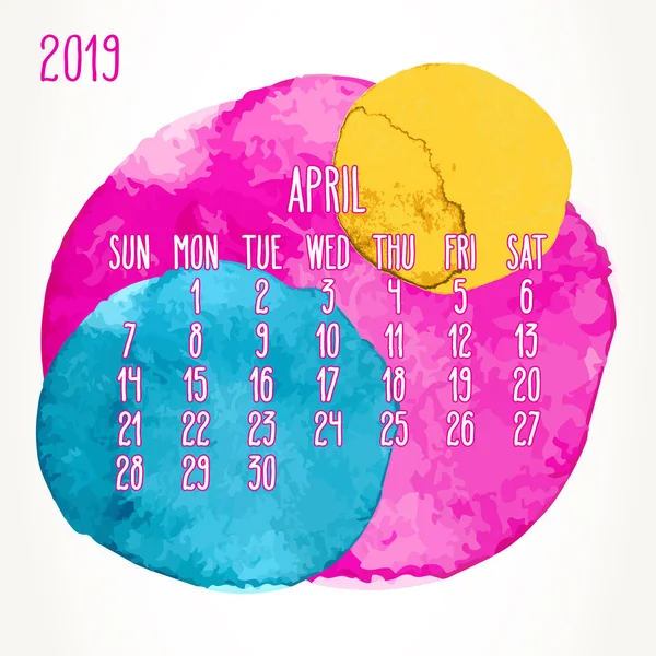 Jahr 2019 bunte Aquarellfarbe Monatskalender — Stockvektor