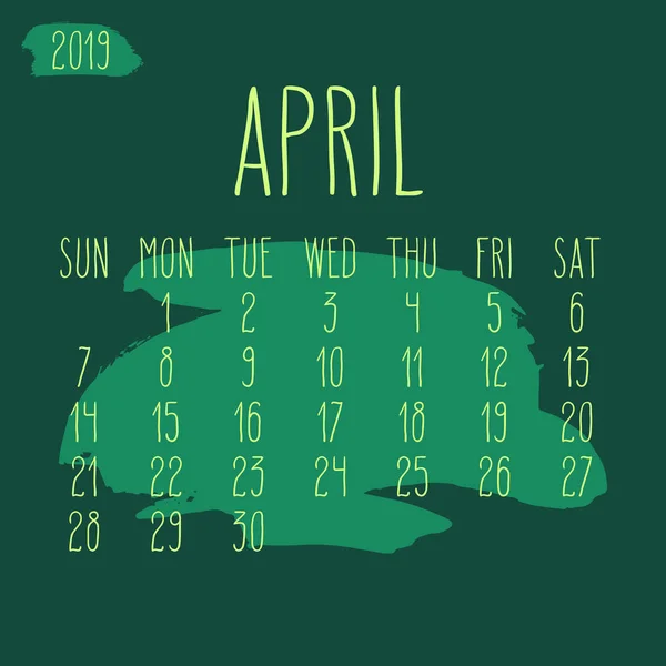Kwiecień rok 2019 farba skok miesięczny kalendarz — Wektor stockowy
