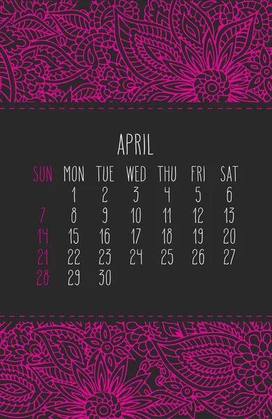 Abril ano 2019 calendário mensal — Vetor de Stock