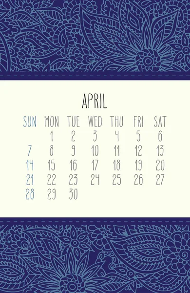 April year 2019 monthly calendar — Stock Vector