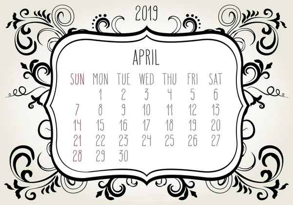 Año de abril 2019 calendario mensual — Vector de stock