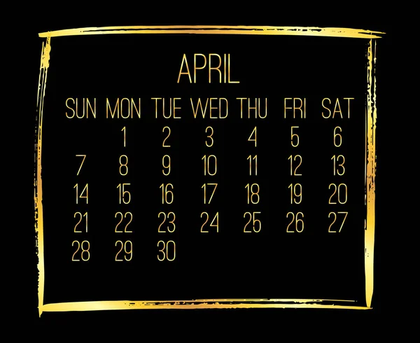 April Jahr 2019 monatlicher goldener Kalender — Stockvektor